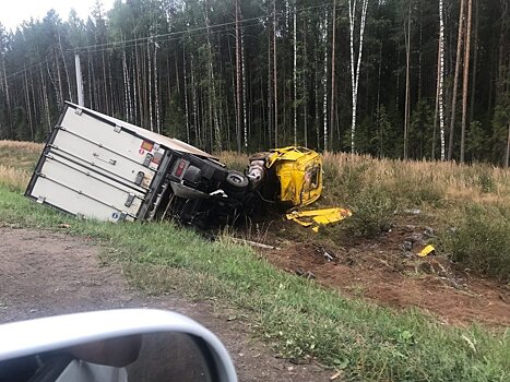 В Юрьянском районе в кювете лежит искорёженная фура