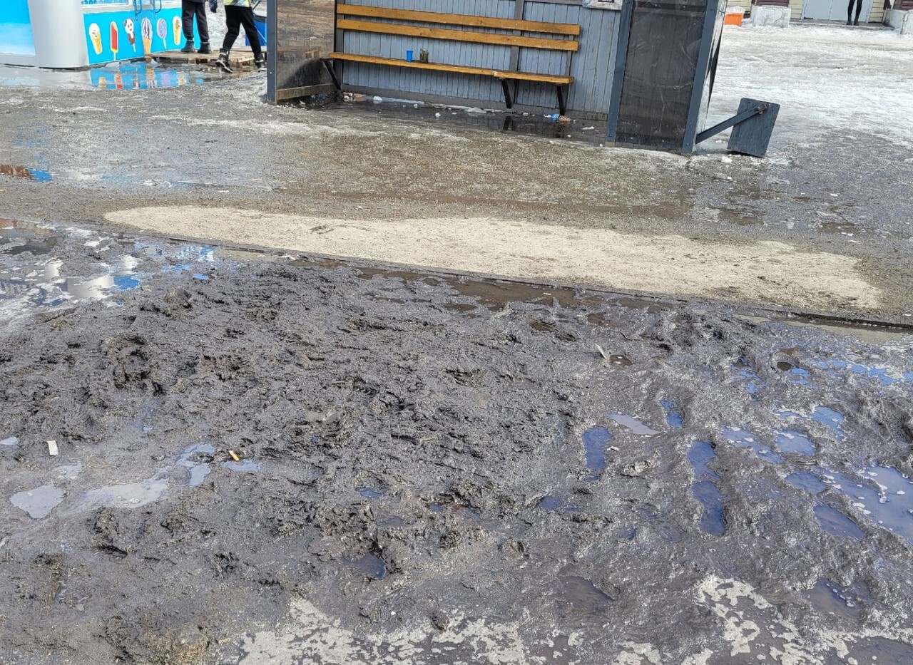 Власти ответили на жалобу о полосе грязи на остановке в Новокузнецке