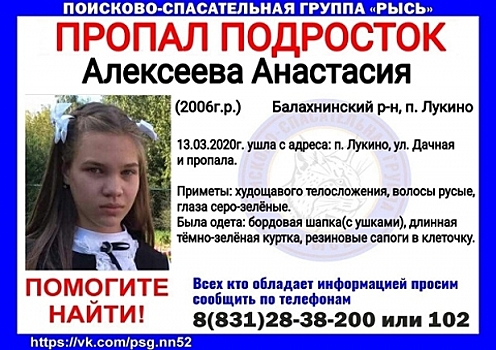 В Нижегородской области пропала 14-летняя Анастасия Алексеева