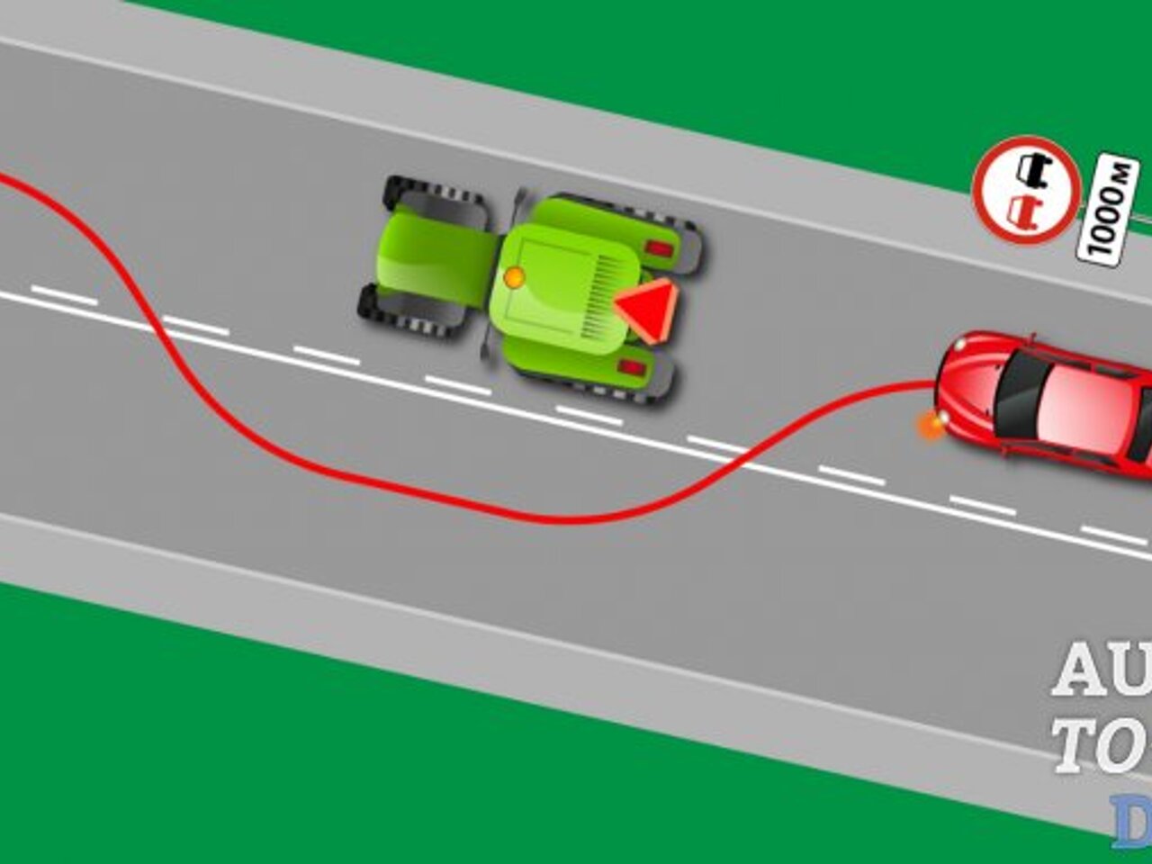 Пересечение прерывистой линии разметки. Схема незавершенного обгона. Линия 1. Дорога с тремя полосами. Полоса для обгона.