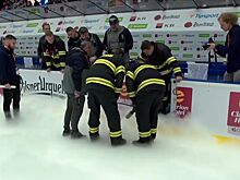 В матче Евротура между Чехией и Швецией на льду образовалась дыра, пришлось вызывать пожарных, видео