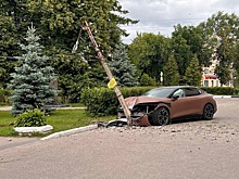 Водитель на электроавтомобиле разгромил сквер и врезался в столб на Бору