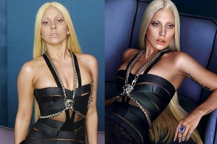 Одно из самых выразительных фото формата «до и после» – Леди Гага в рекламе Versace.