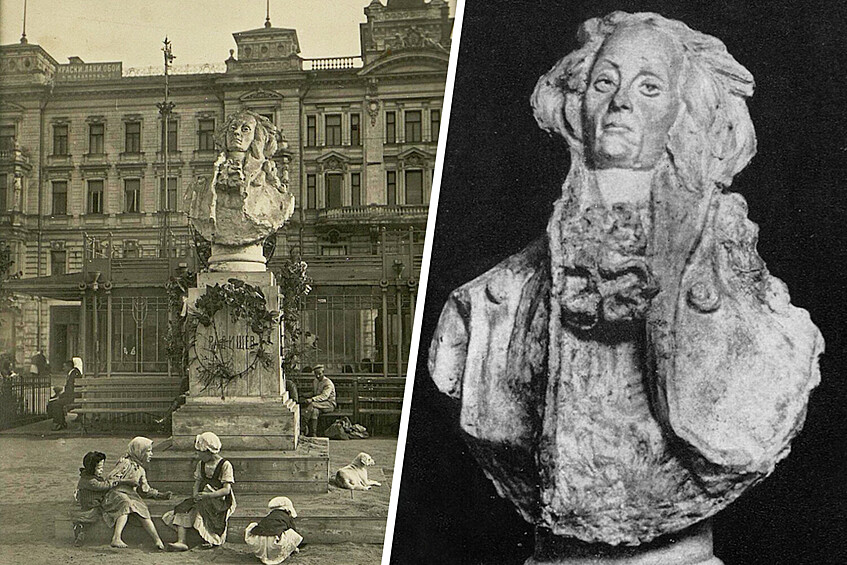 Памятник Радищеву 1918, архитектор Владимир Шервуд.  В июле 1918 года Ленин обсуждал на заседании Совнаркома вопрос о постановке 50 памятников в Москве – «великим людям в области революционной и общественной деятельности, в области философии, литературы, науки и искусства».  Отдельно лидер большевиков выбрал писателей: кроме русских классиков Пушкина, Гоголя, Лермонтова, Толстого и Достоевского там были идеологически близкие «предтечи» – Белинский, Радищев, Чернышевский.  Скульпторам было решено платить за бумажный макет памятника по 700 рублей, за скульптурный – по 1 тыс. руб. Пуд (16 кг) хлеба в городах тогда стоил порядка 150 рублей, так что премия примерно была равна средней зарплате рабочего (но тогда это не было средней зарплатой – рабочие получали больше других).  Народный комиссар просвещения Анатолий Луначарский в докладной записке писал о главной трудности затеи: скорость не должна быть достигнута за счет невысокой художественной ценности монументов.  В Москве и Петрограде открыли почти одновременно два одинаковых бюста вольнодумцу екатерининской эпохи. Создал их архитектор Леонид Шервуд, главный деятель по реализации плана монументальной пропаганды.  Это были первые памятники советской власти. Петроградский Радищев стоял между Зимним дворцом и Адмиралтейством, открыт был в конце сентября 1918 года «при громадном стечении народа и параде революционных войск». Но продержался он лишь до 1919 года – размок из-за шторма.  Московский брат-близнец был открыт 6 октября 1918 года на Триумфальной площади. Он дожил до наших дней и сейчас хранится в фондах Музея архитектуры.