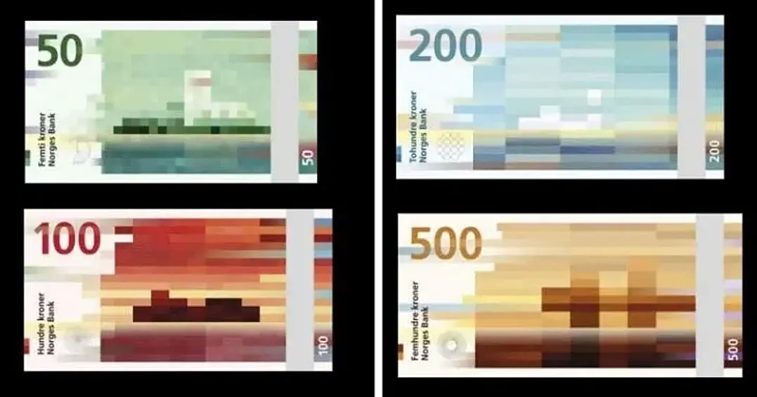 Норвежские кроны с пиксельными изображениями на одной стороне. Купюры введены в оборот с 2017 года.
