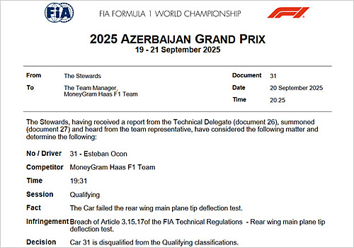 Эстебан Окон дисквалифицирован