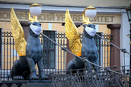 В Петербурге на грифонов с Банковского моста надели защитные маски