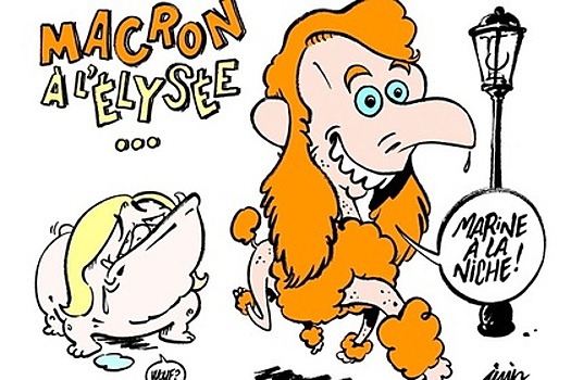 Charlie Hebdo изобразил Ле Пен и Макрона в виде собак