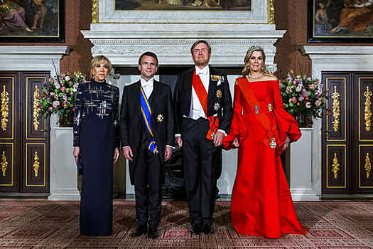 Королева Нидерландов надела алое платье на прием для президента Франции и его жены