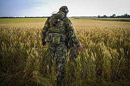 Военнослужащий РФ на пшеничном поле в Мелитопольском районе Запорожской области, 2022 год