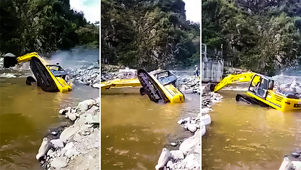 Перевернувшийся экскаватор и его удивительное спасение