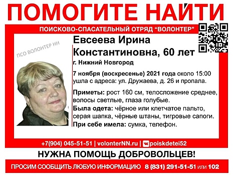 60-летняя Ирина Евсеева пропала в Нижнем Новгороде