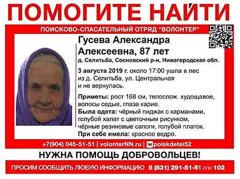 86-летнюю Александру Гусеву продолжают искать в Нижегородской области