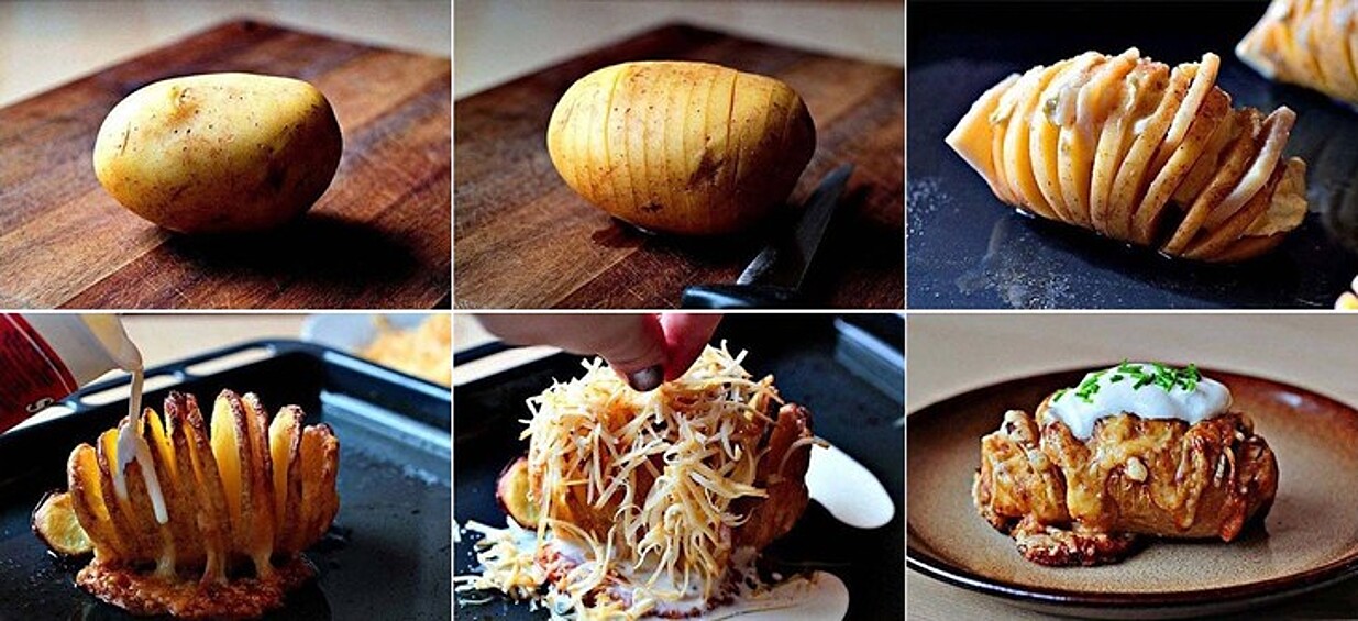 Сделайте надрезы на картофелине, заполните сыром, соусом, беконом или другими продуктами по вкусу. А затем запекайте в духовке.  