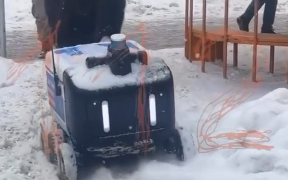 Москвичи спасли заваленного снегом робота-доставщика и попали на видео