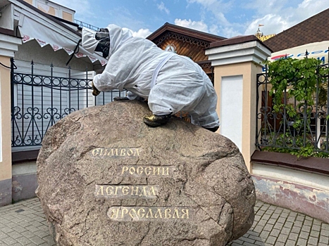 В Ярославле на статую медведя одели медицинские халат и маску