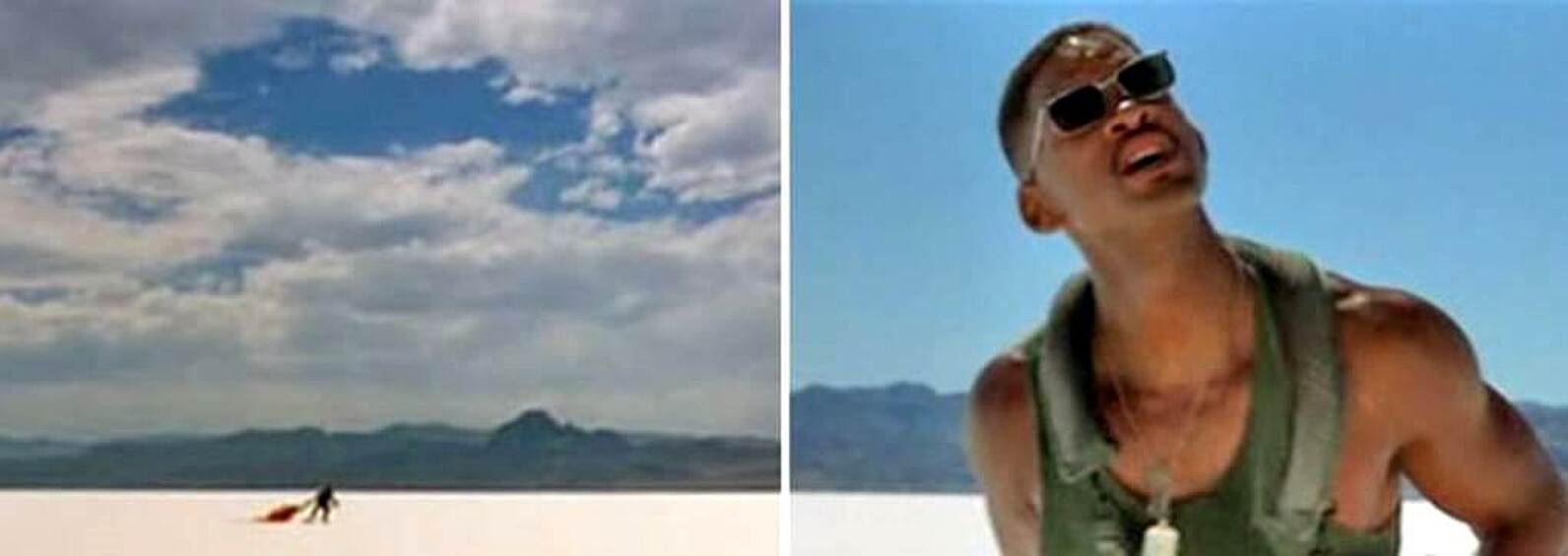 "День независимости". В сцене с бредущим по пустыне героем Уилла Смита случаются странные природные метаморфозы. Небо то покрыто облаками на общем плане, то абсолютно безоблачно на крупном. 
