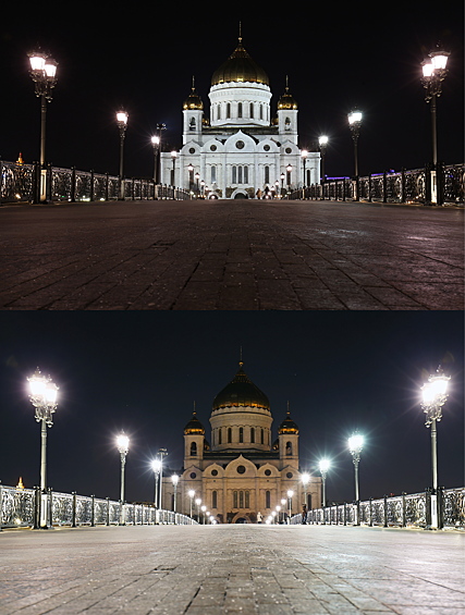 Вид на храм Христа Спасителя с подсветкой и после ее отключения в рамках экологической акции "Час Земли".